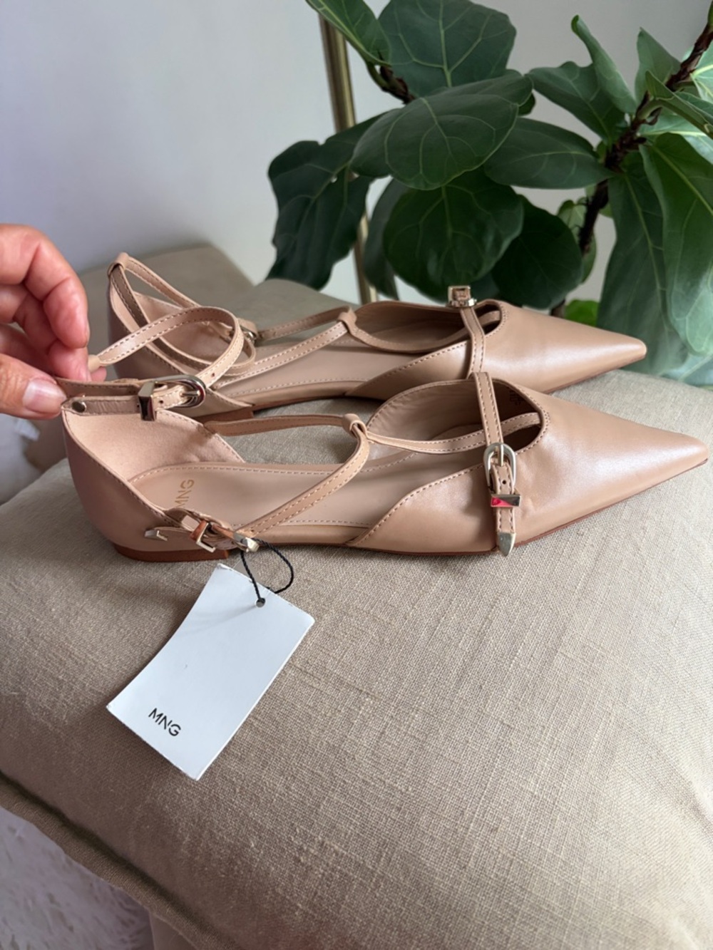 Mango Beige Pointed Toe Ankle-Strap Flats